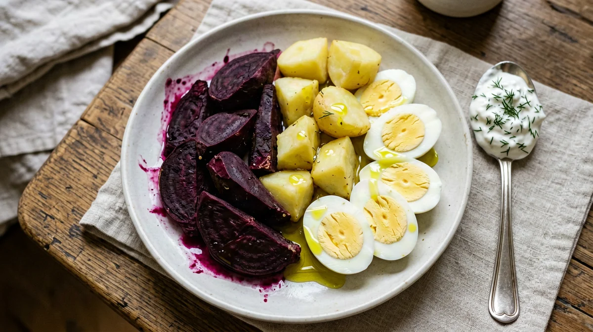 Barbabietole e uova sode con yogurt al rafano e patate