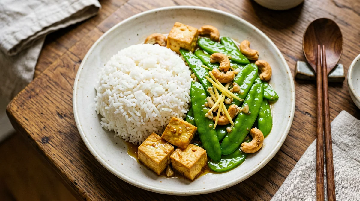 Stir-fried snow peas and tofu with cashews and rice