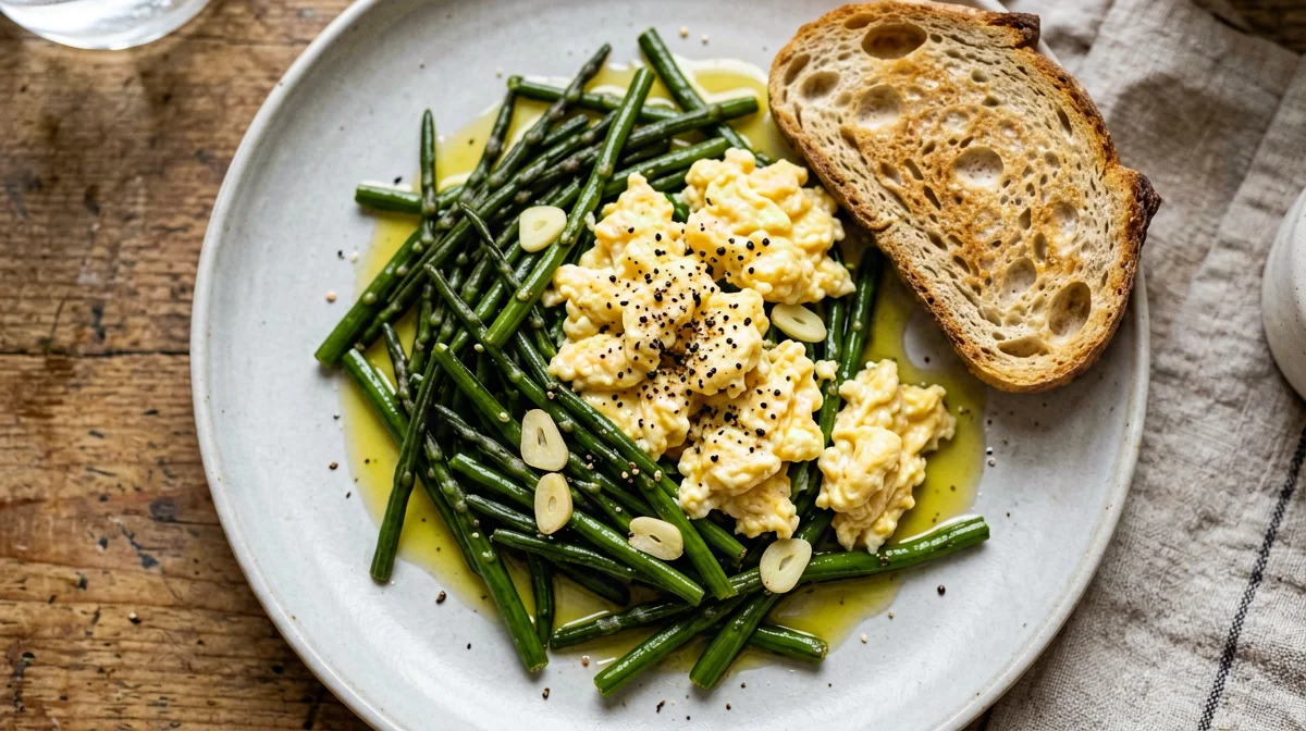 Agretti saltati con uova strapazzate e pane