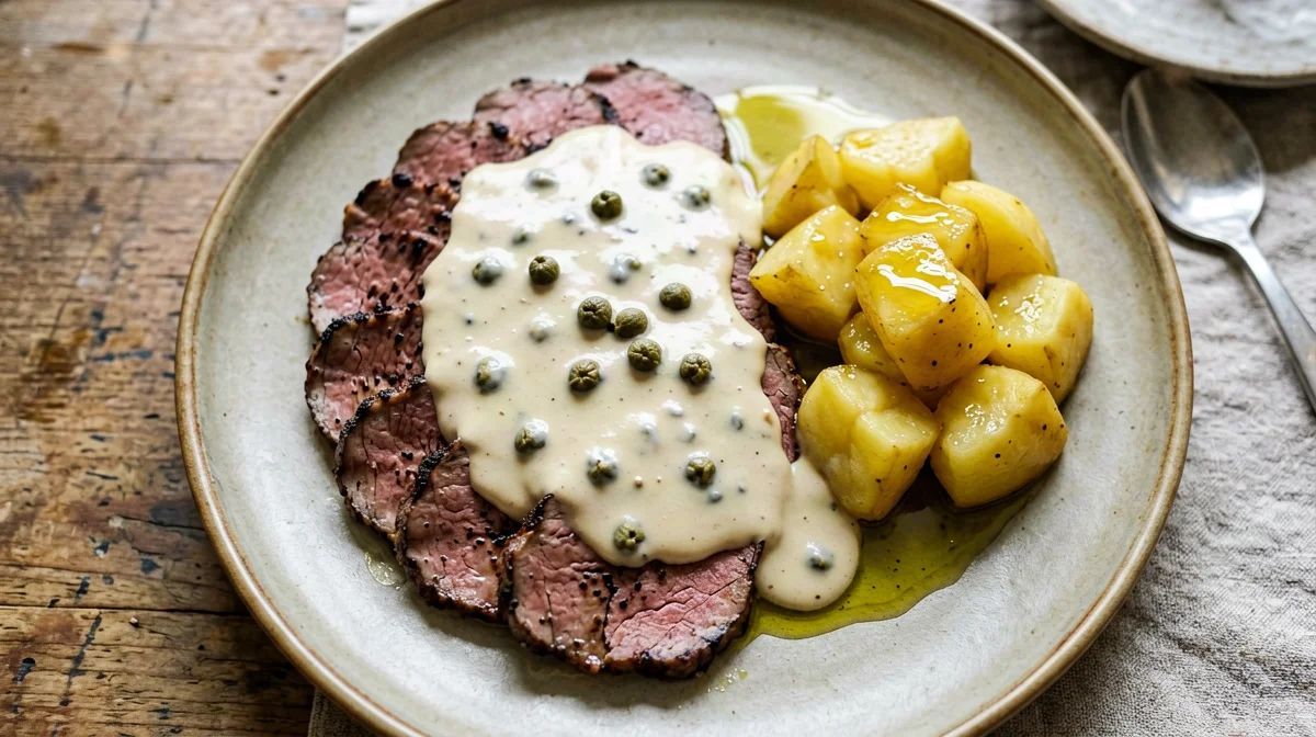 Seitan in salsa tonnata di yogurt e capperi con patate