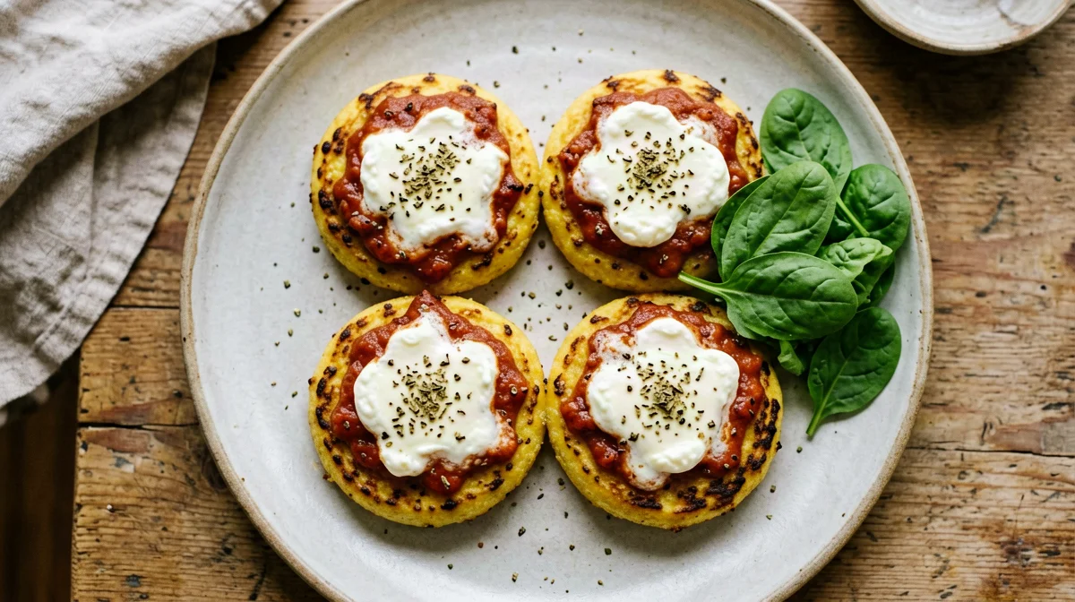 Skillet polenta pizzettas with tomato and mozzarella
