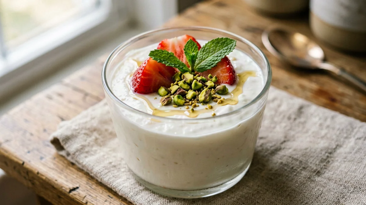 Skyr cup with strawberries, mint and pistachios