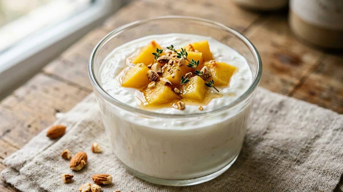 Greek yogurt with peach, thyme and toasted almonds