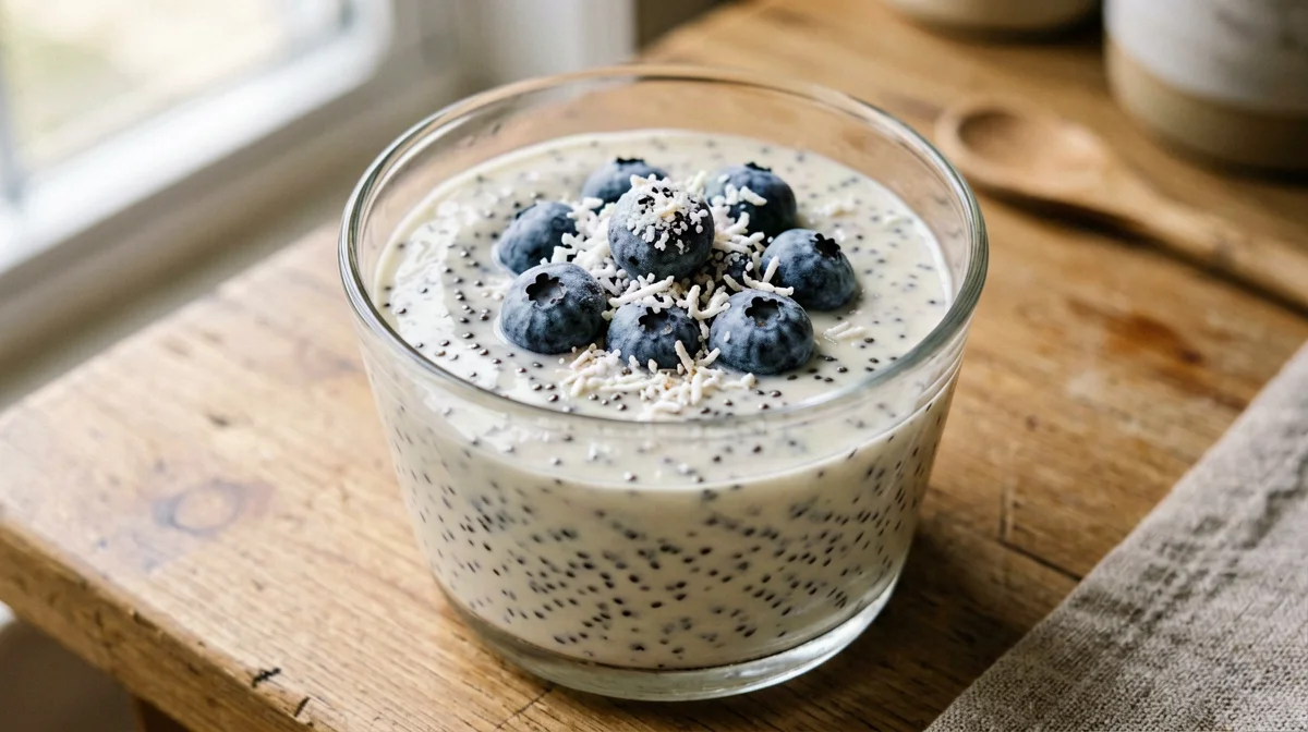 Soy yogurt with blueberries, chia and coconut