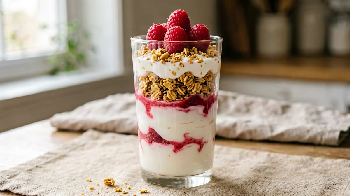 Parfait di yogurt, lamponi e granola