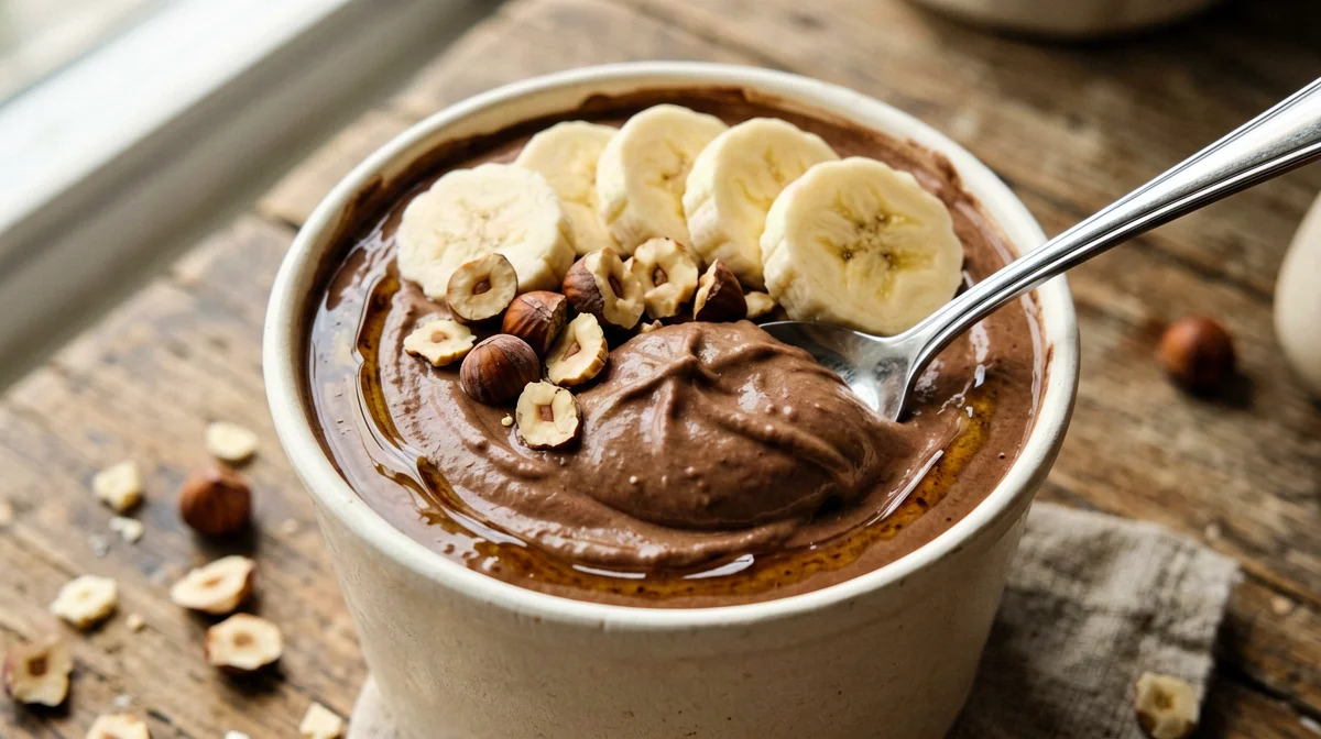 Cocoa skyr with banana and hazelnuts