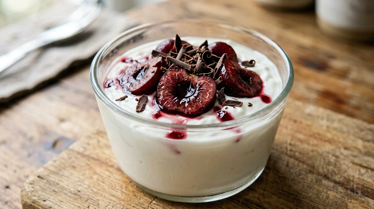 Yogurt cup with cherries and dark chocolate