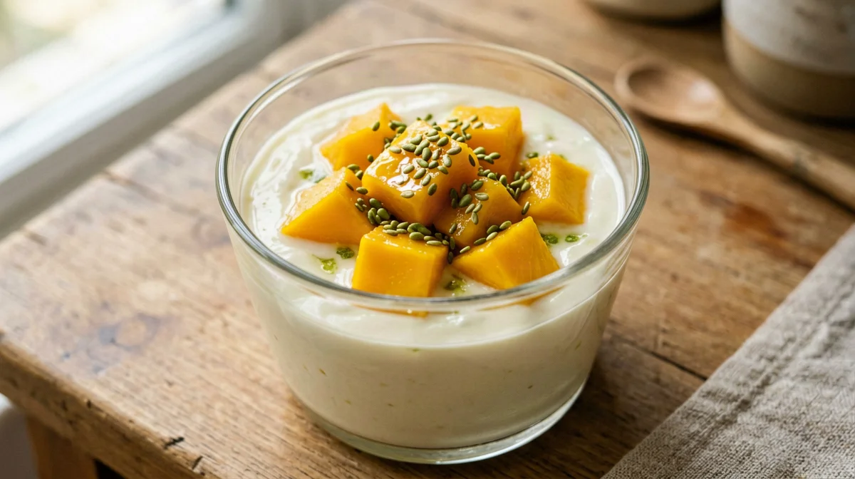 Soy yogurt with mango and hemp seeds