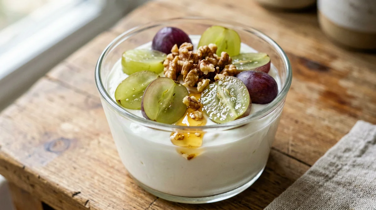 Yogurt cup with grapes, walnuts and honey