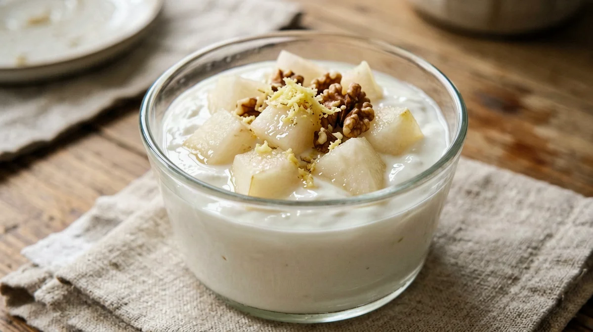 Greek yogurt with pear, ginger and walnuts