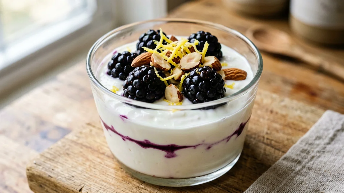 Yogurt con more, scorza di limone e mandorle