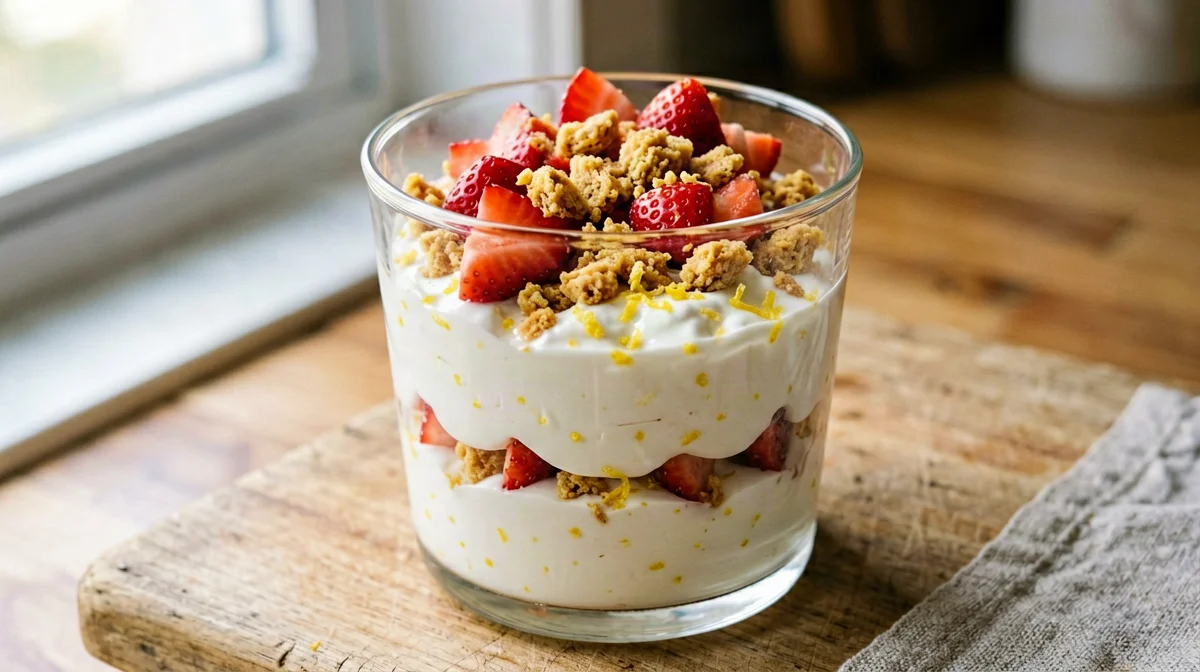 Quark al limone con fragole e biscotto sbriciolato