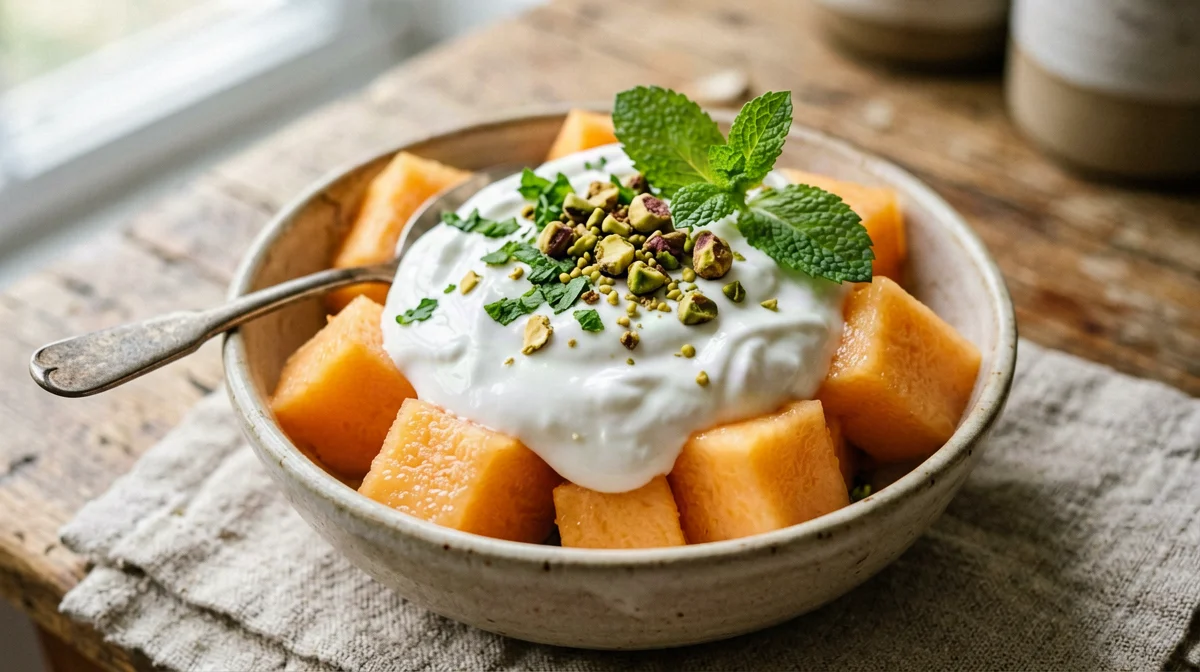 Melone con yogurt alla menta e pistacchi