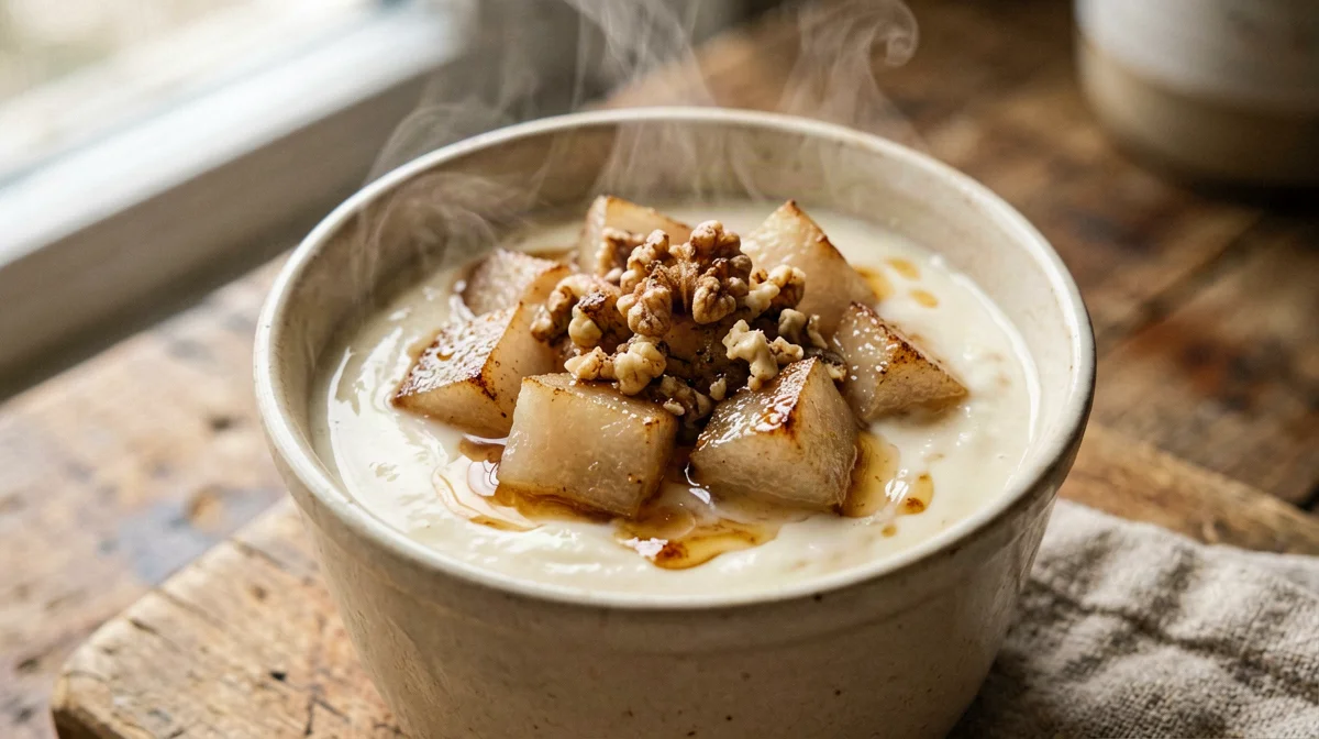 Yogurt di soia con pera cotta e cannella