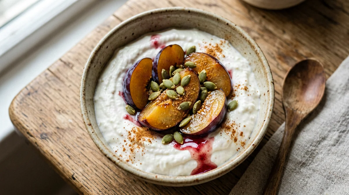 Skyr with plums, cinnamon and pumpkin seeds
