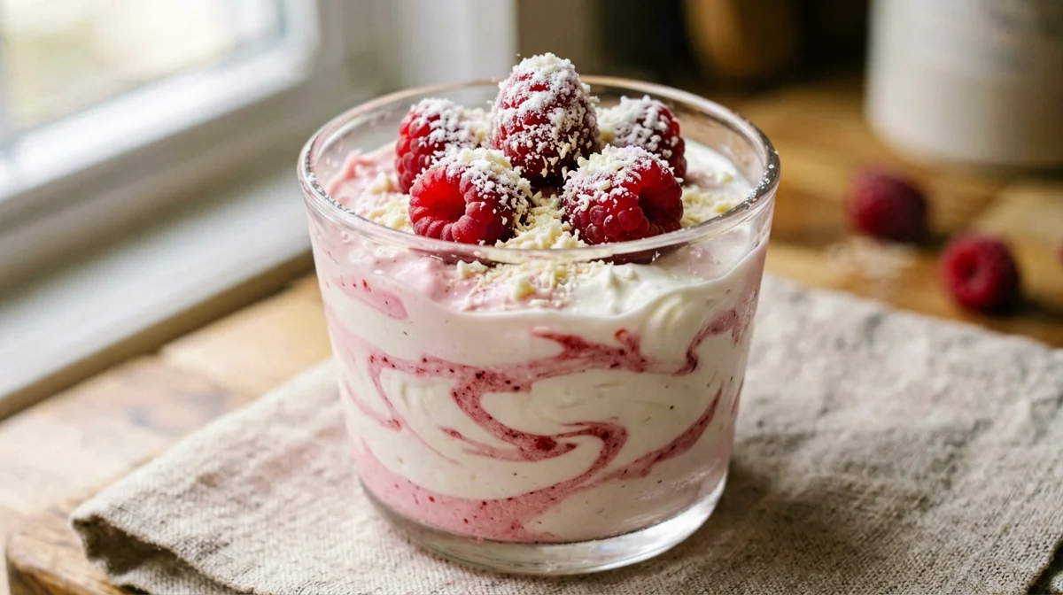 Coppa di quark, lamponi e cioccolato bianco
