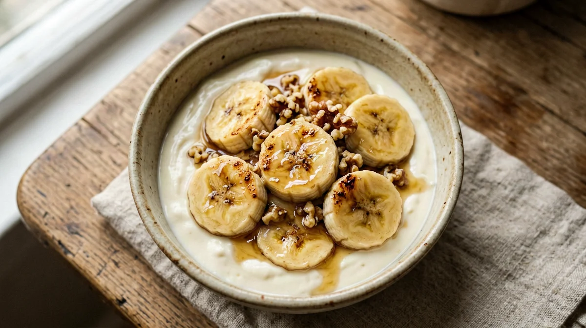 Soy yogurt with caramelised banana and walnuts