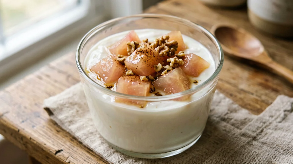 Coppa di yogurt con mela cotogna e noci