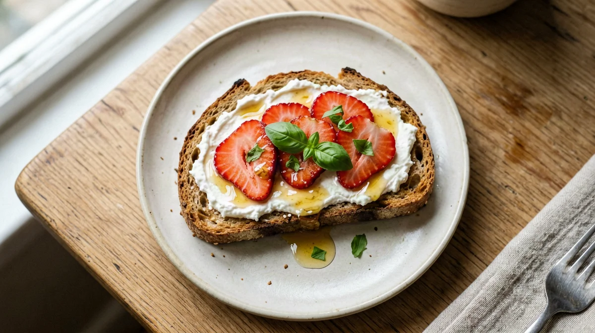 Toast integrale con ricotta, fragole e basilico
