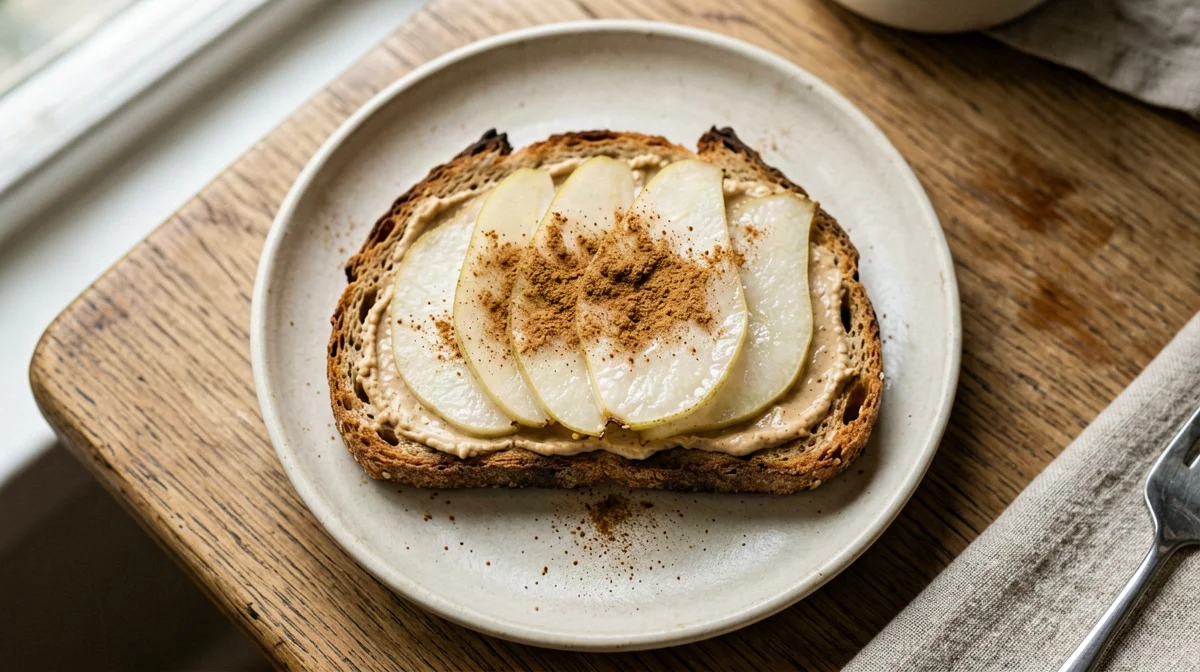 Toast con burro di mandorle, pera e cannella