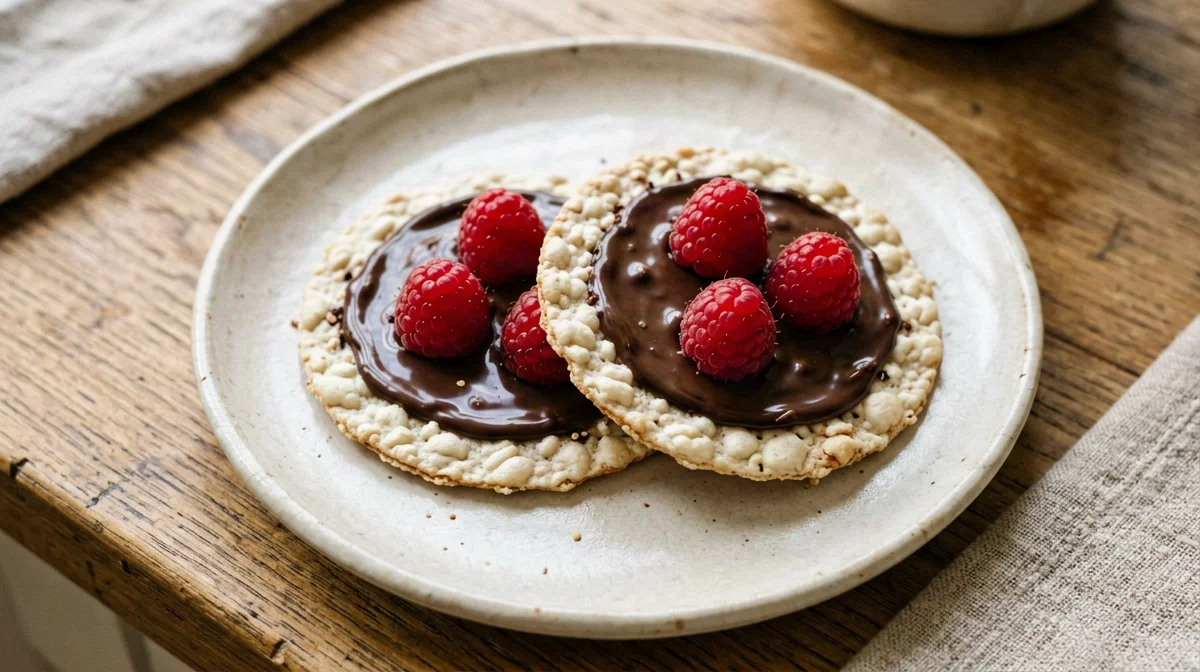 Rice cakes with dark chocolate and raspberries