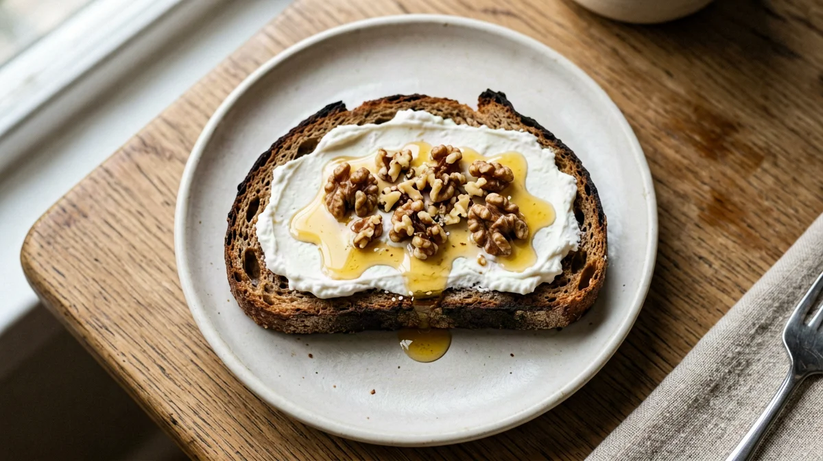 Rye bread with cream cheese, honey and walnuts
