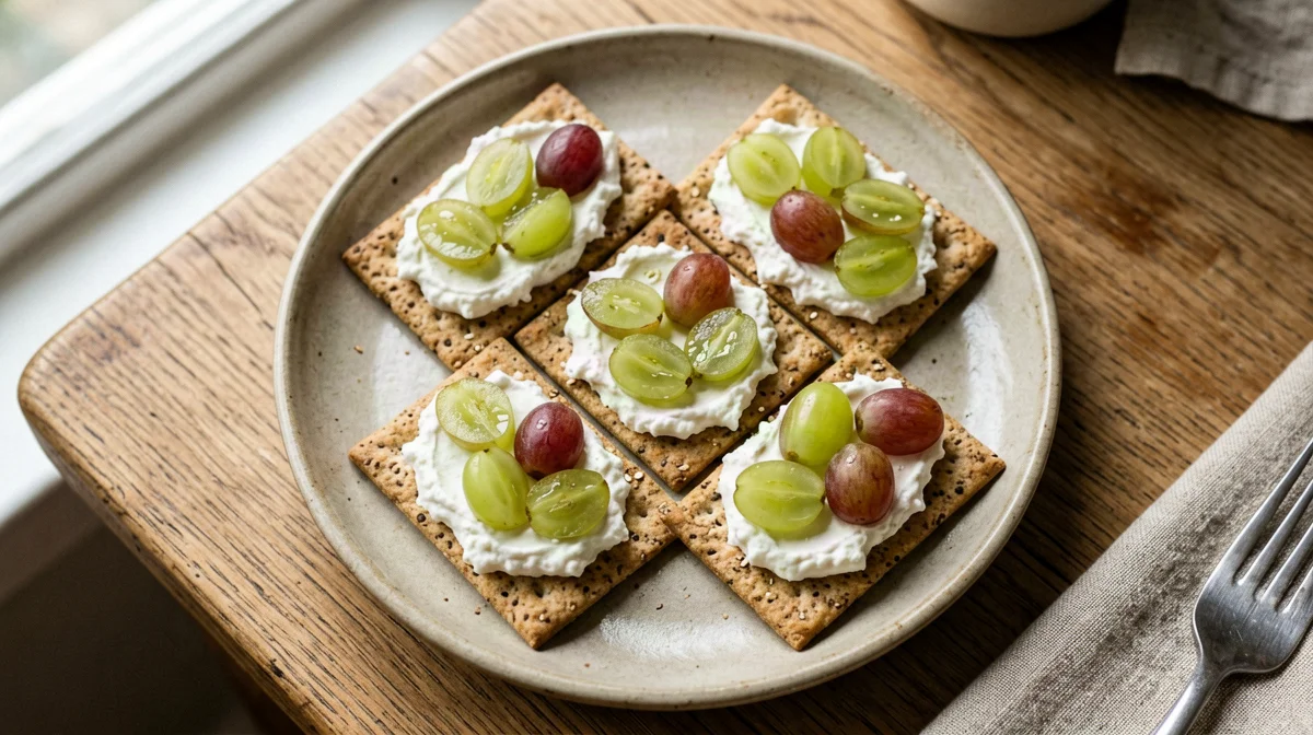 Wholemeal crackers with ricotta and grapes