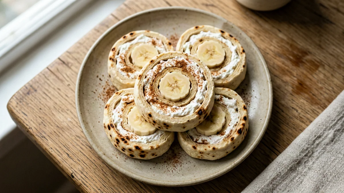 Rotolini di piadina con ricotta, banana e cannella