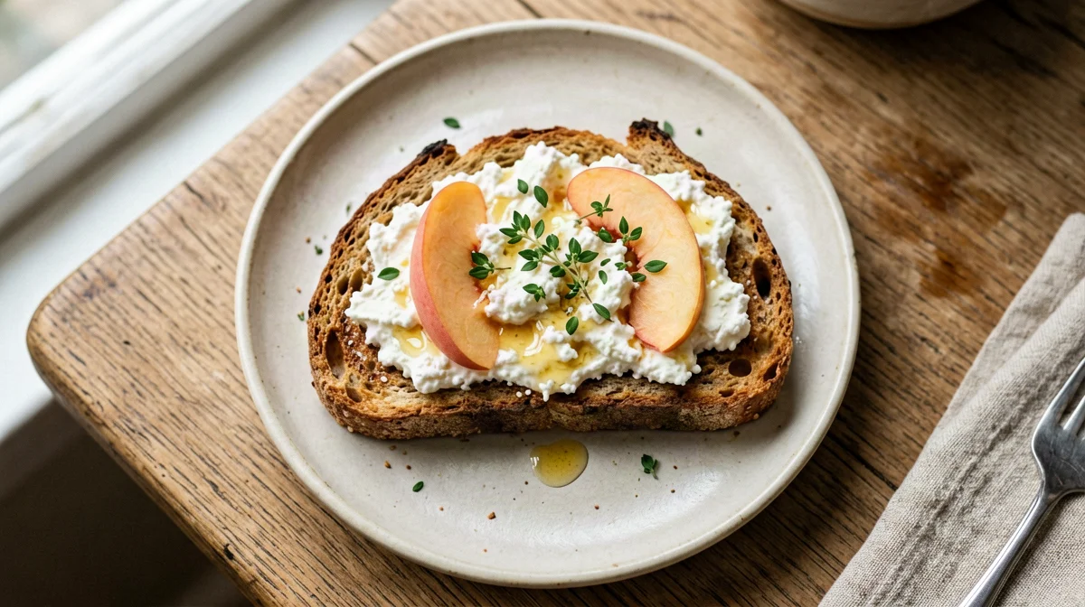 Pane tostato con fiocchi di latte, pesca e timo