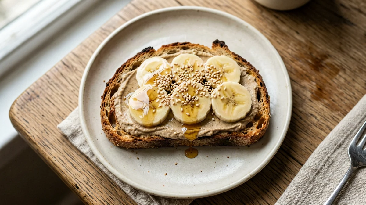 Toast with tahini, banana and sesame