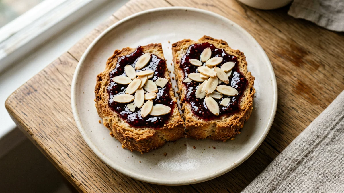 Rusks with jam and flaked almonds