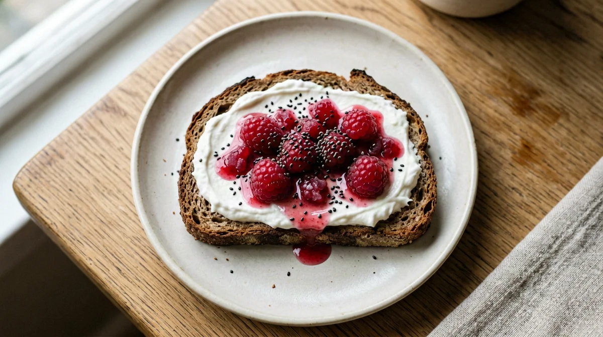 Rye bread with skyr, raspberries and chia