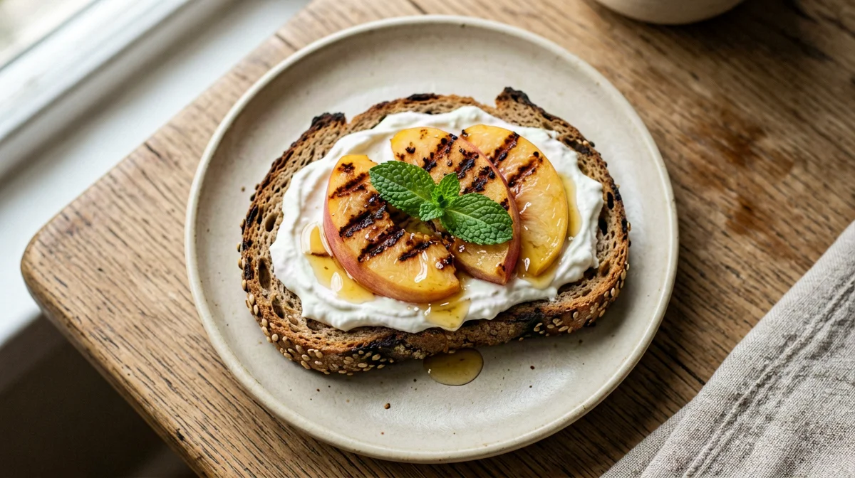 Bruschetta dolce con pesche grigliate e yogurt