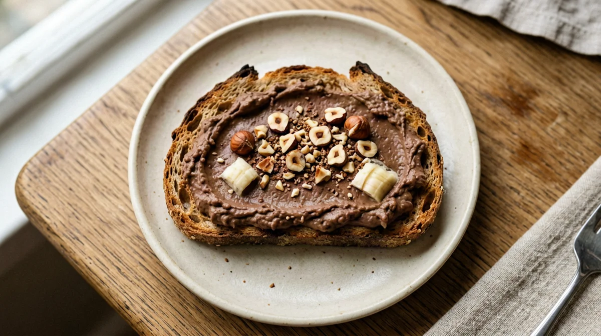 Wholemeal bread with cocoa banana mash and hazelnuts