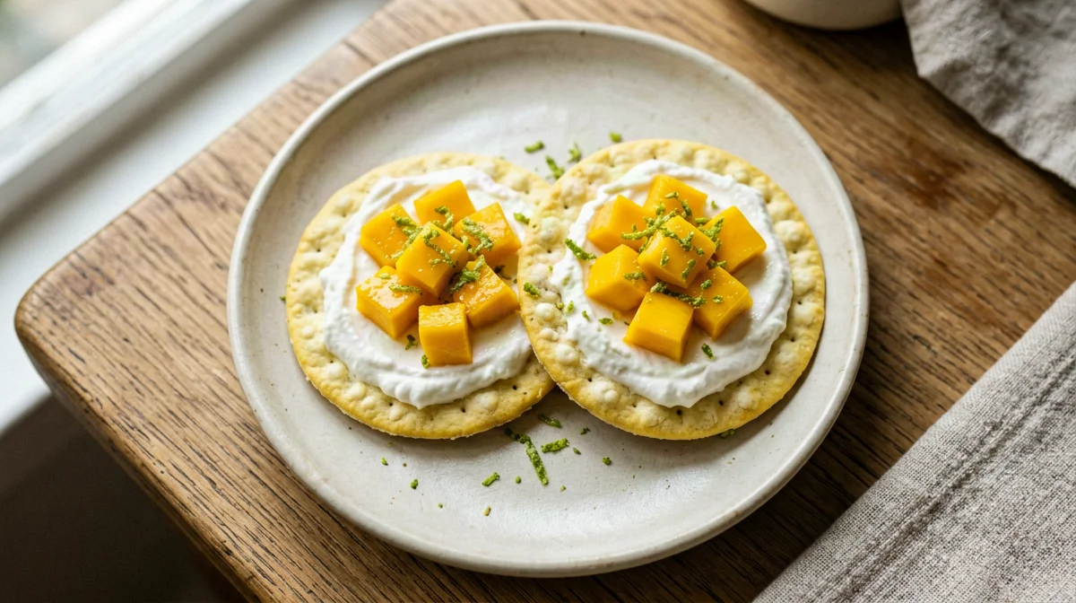 Corn cakes with Greek yogurt, mango and lime