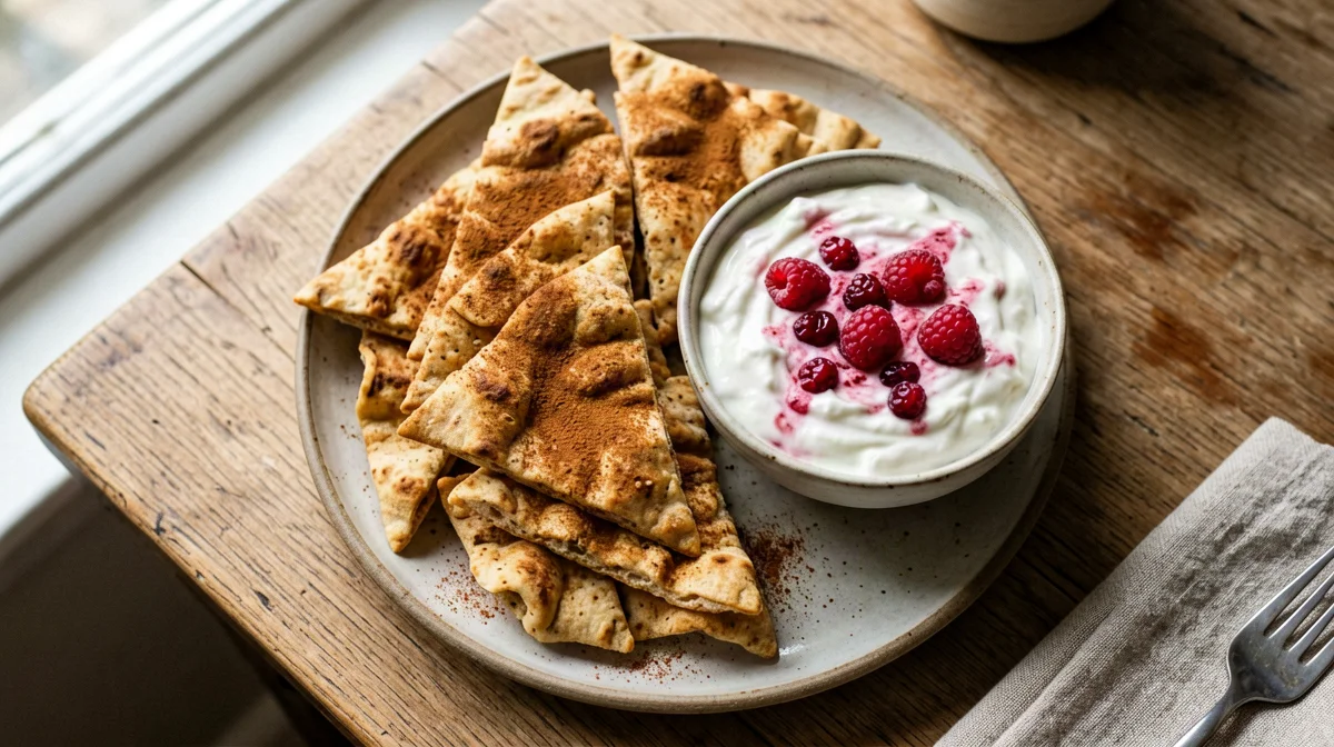 Cinnamon pita chips with berry yogurt dip