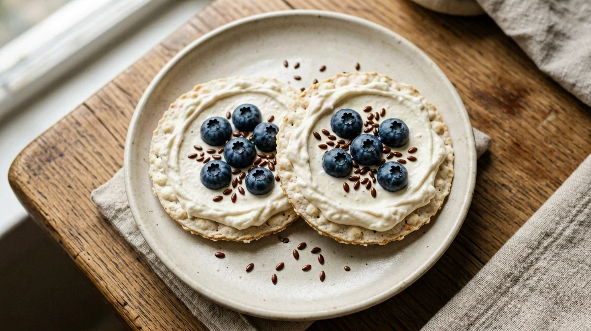 Gallette di riso con yogurt di soia, mirtilli e semi di lino