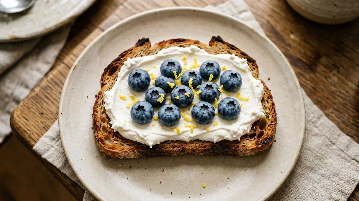 Pane integrale con ricotta, mirtilli e scorza di limone