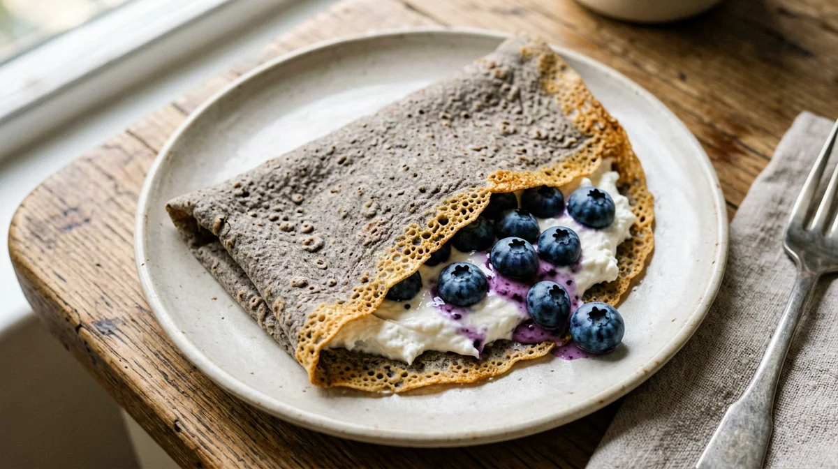 Buckwheat crêpe with ricotta and blueberries