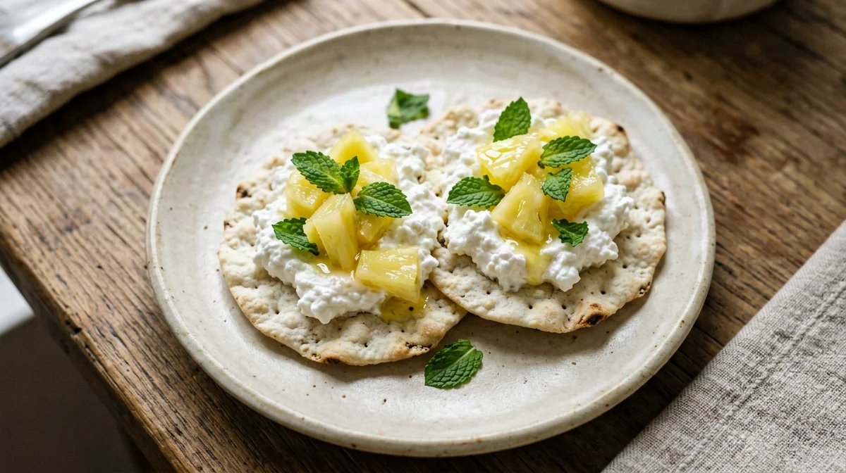 Rice cakes with cottage cheese, pineapple and mint