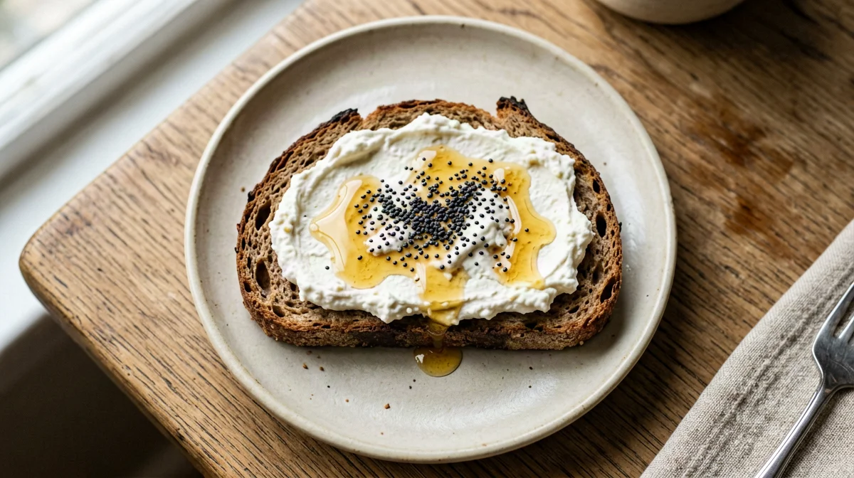 Rye bread with quark, honey and poppy seeds