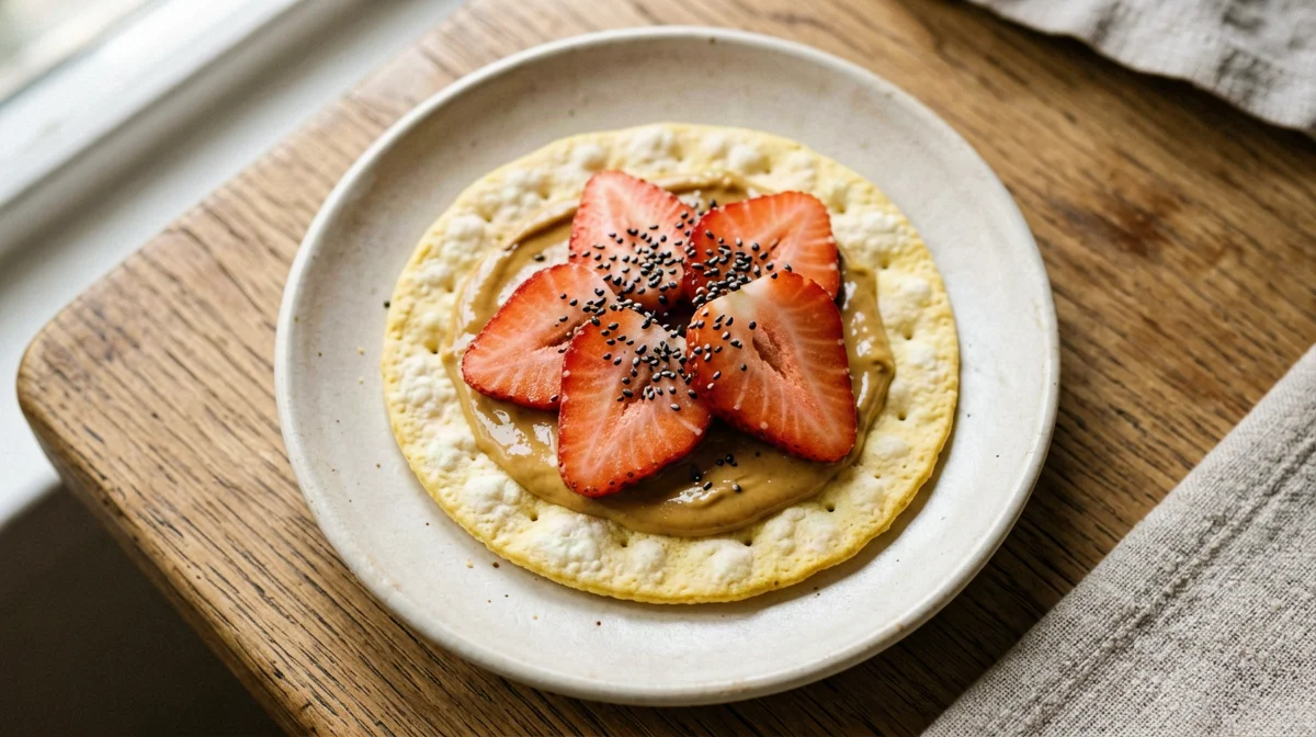Gallette di mais con burro di arachidi, fragole e chia