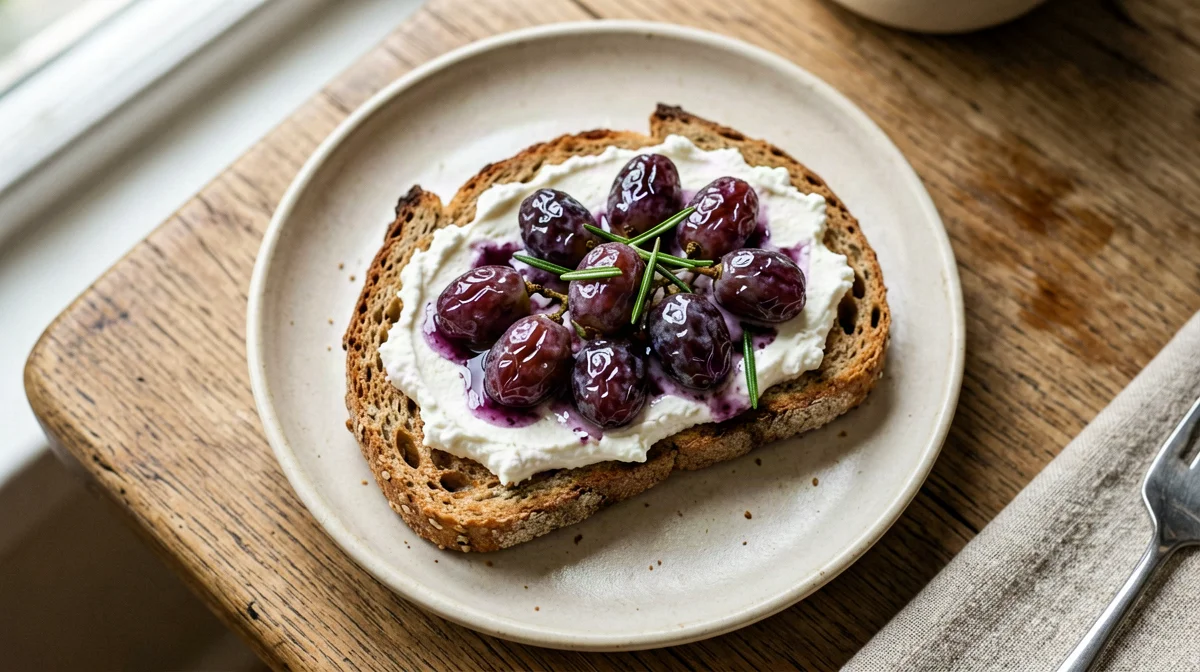 Crostino con uva arrosto e ricotta