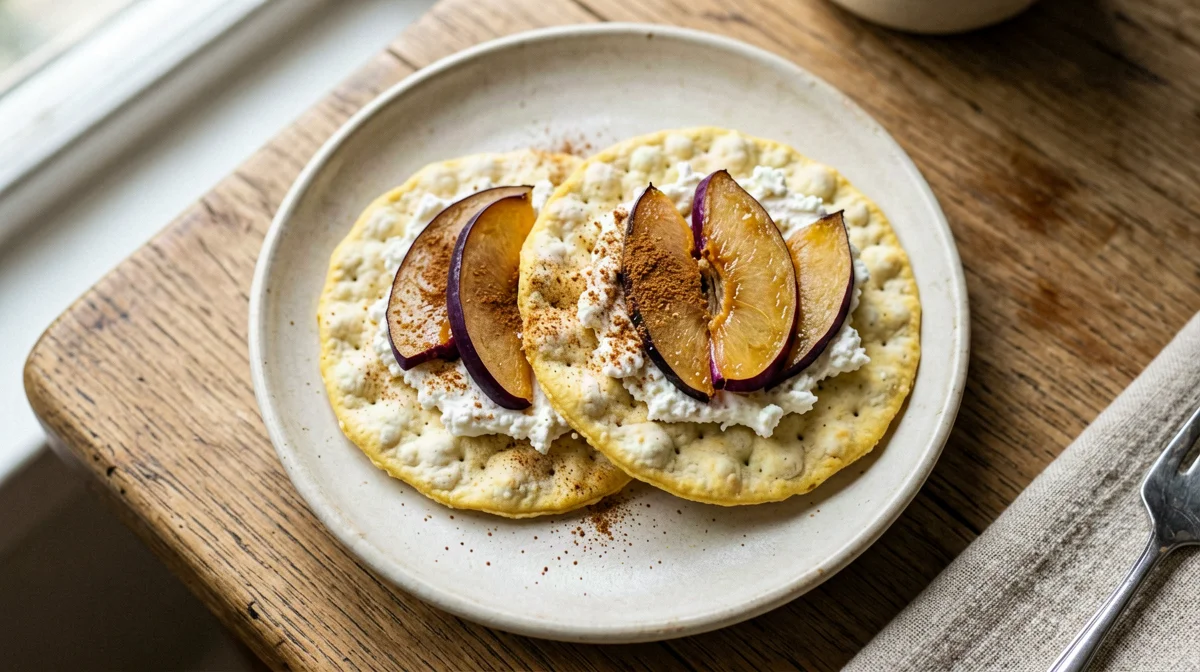 Corn cakes with cottage cheese, plum and cinnamon