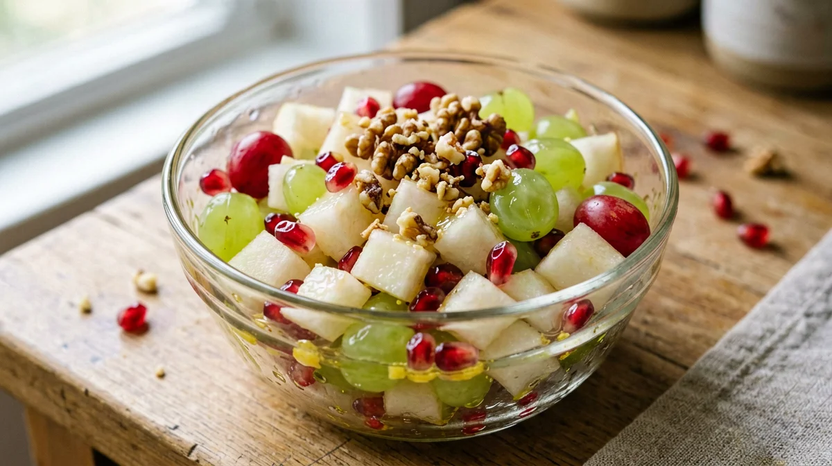 Autumn fruit salad with grapes, pear and pomegranate