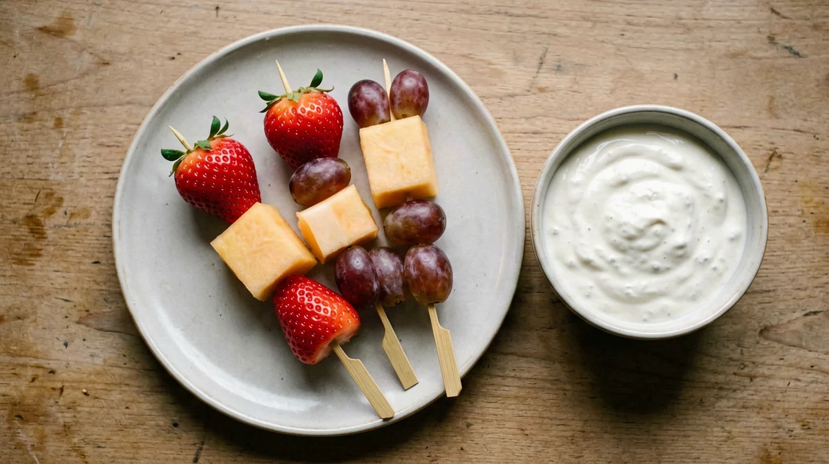 Spiedini di frutta con salsa allo yogurt e vaniglia