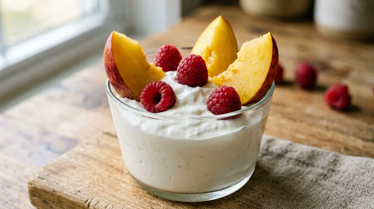Nectarine and raspberries with vanilla yogurt cream
