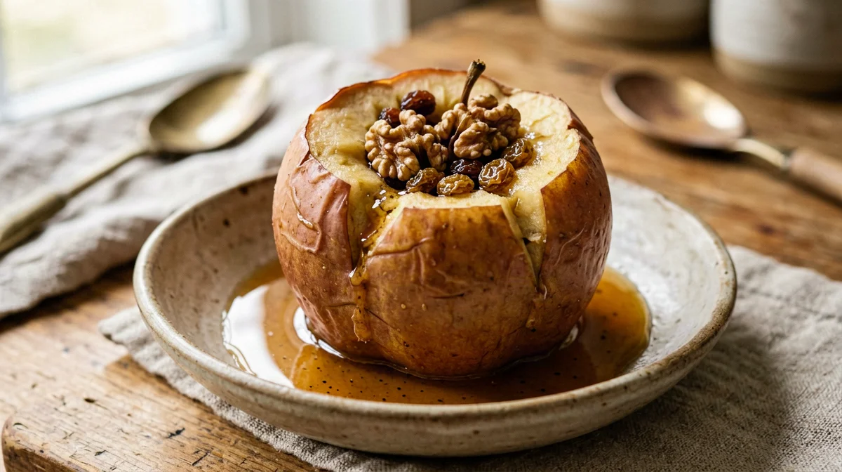 Baked apple with cinnamon and walnuts