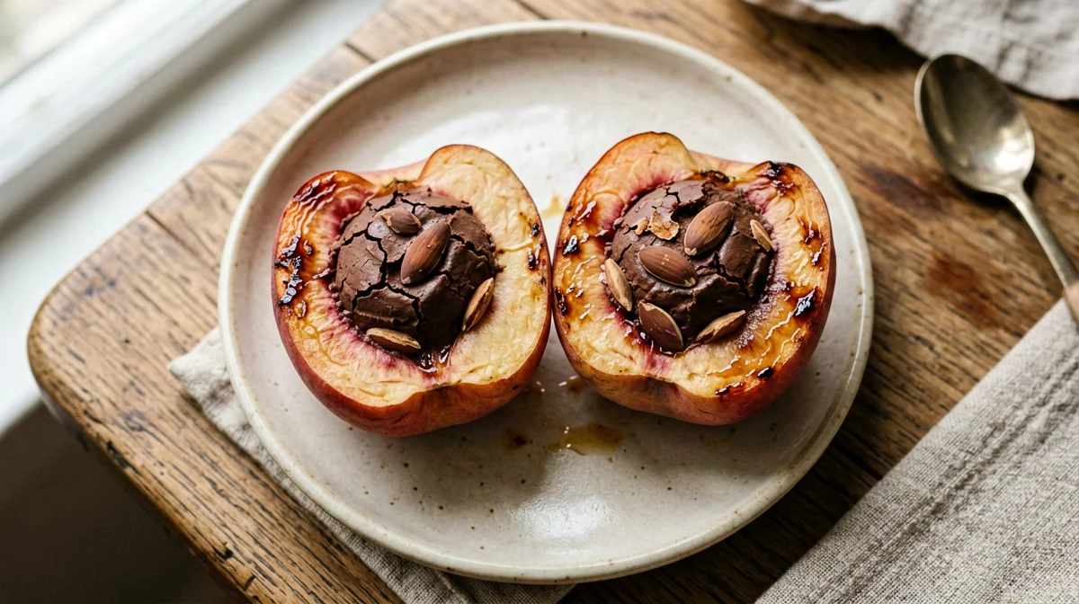 Peach halves baked with a cocoa almond filling