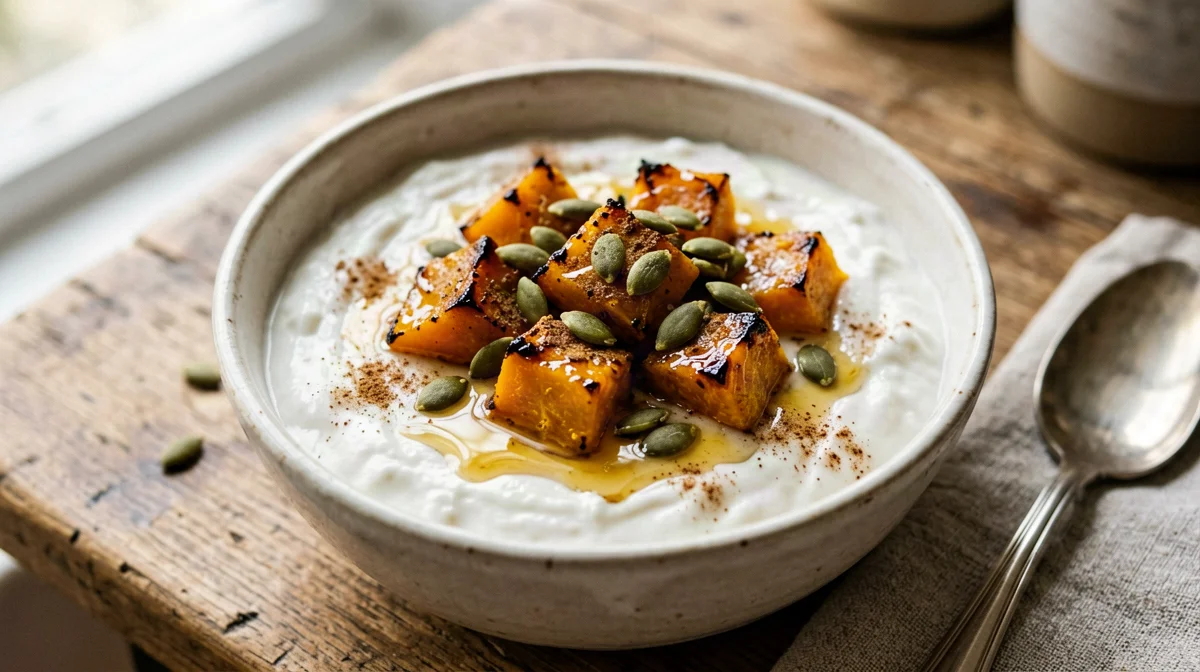 Honey-roasted pumpkin with cinnamon over yogurt